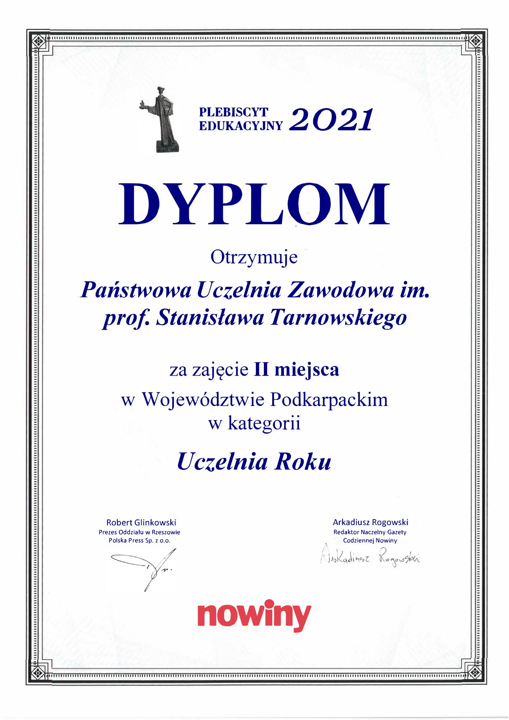 Dyplom dla PUZ w Tarnobrzegu w Plebiscycie Edukacyjnym 2021